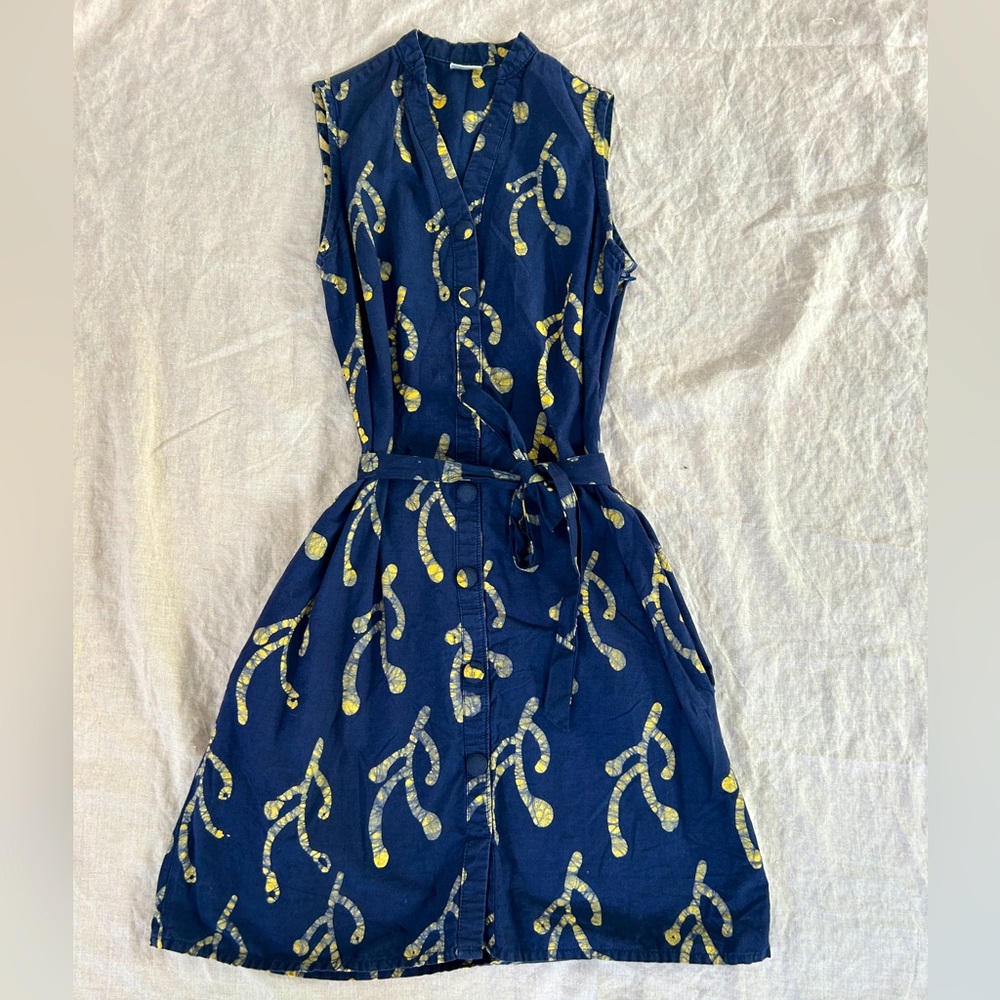 Global Mama Cotton Sleeveless Tie-Waste Shirt Dress in Ghanaian Blue Print